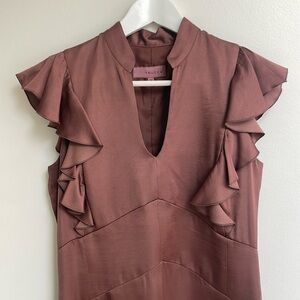 Brown Satin Flutter Sleeve Dress. Size 38
